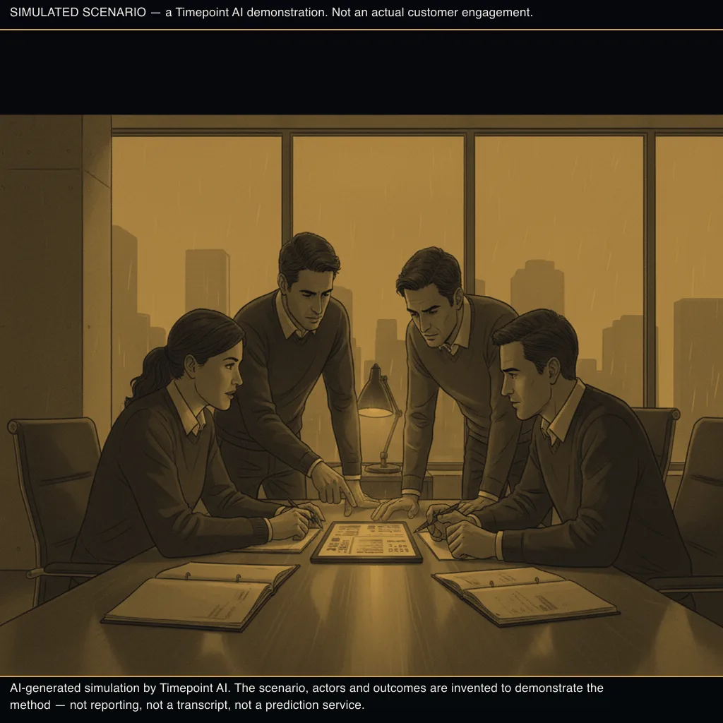simulated scene: Ardsley Partners convenes to review live term sheet with four investment professionals present (frame 1)