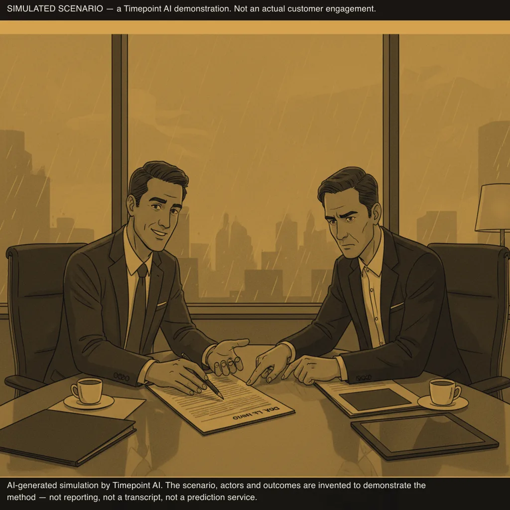 simulated scene: Sponsoring partner presents deal memo highlighting opportunity while downplaying risk section (frame 2)