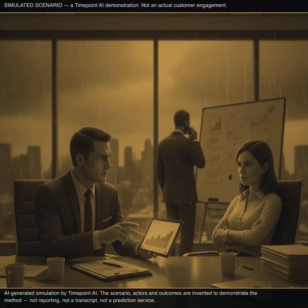 simulated scene: Skeptical partner raises concerns about sector exposure after passing on two previous deals (frame 3)