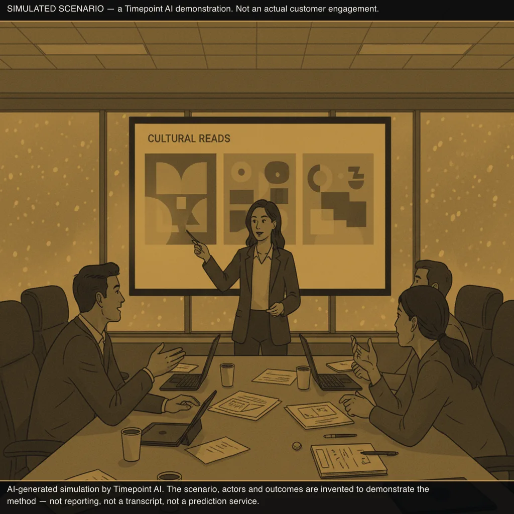 simulated scene: Strategy Director presents three cultural reads to the pitch team (frame 1)