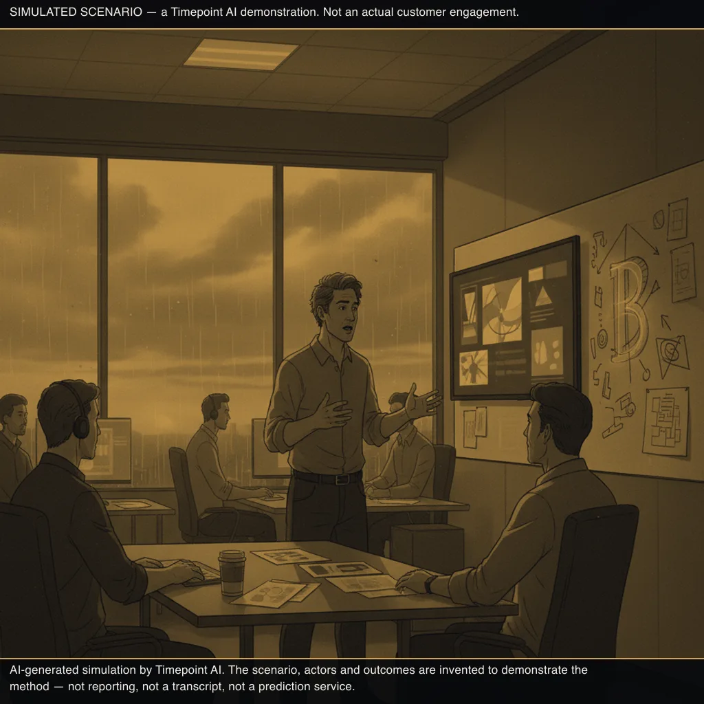 simulated scene: Creative Director advocates strongly for their preferred read (frame 2)