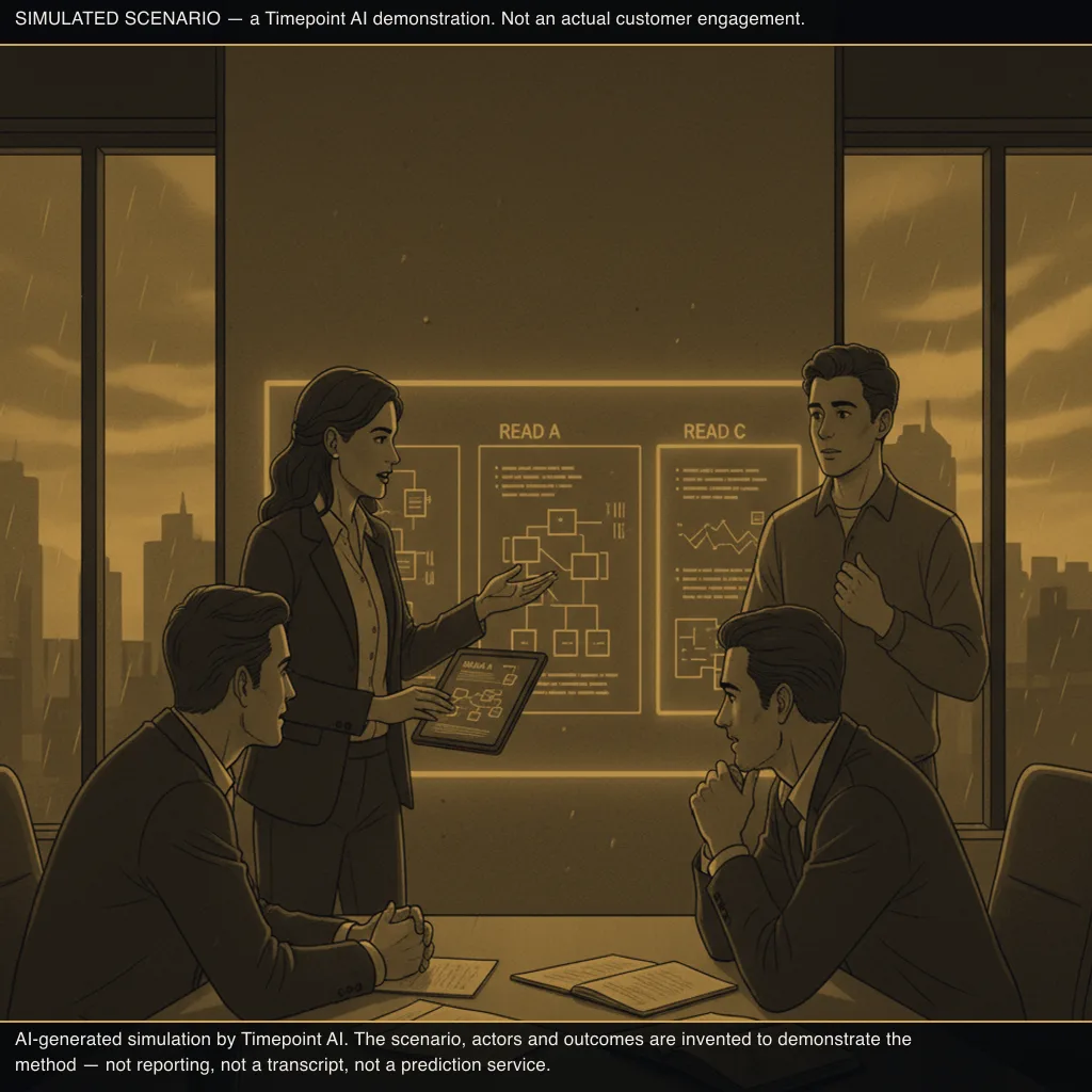 simulated scene: New Business Lead reveals which read aligns with prospect CMO's existing beliefs (frame 3)