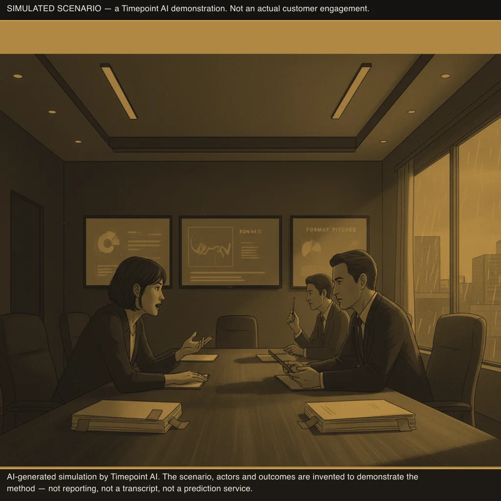 simulated scene: Harbourline Studios enters greenlight meeting with three format pitches competing for single production slot (frame 1)