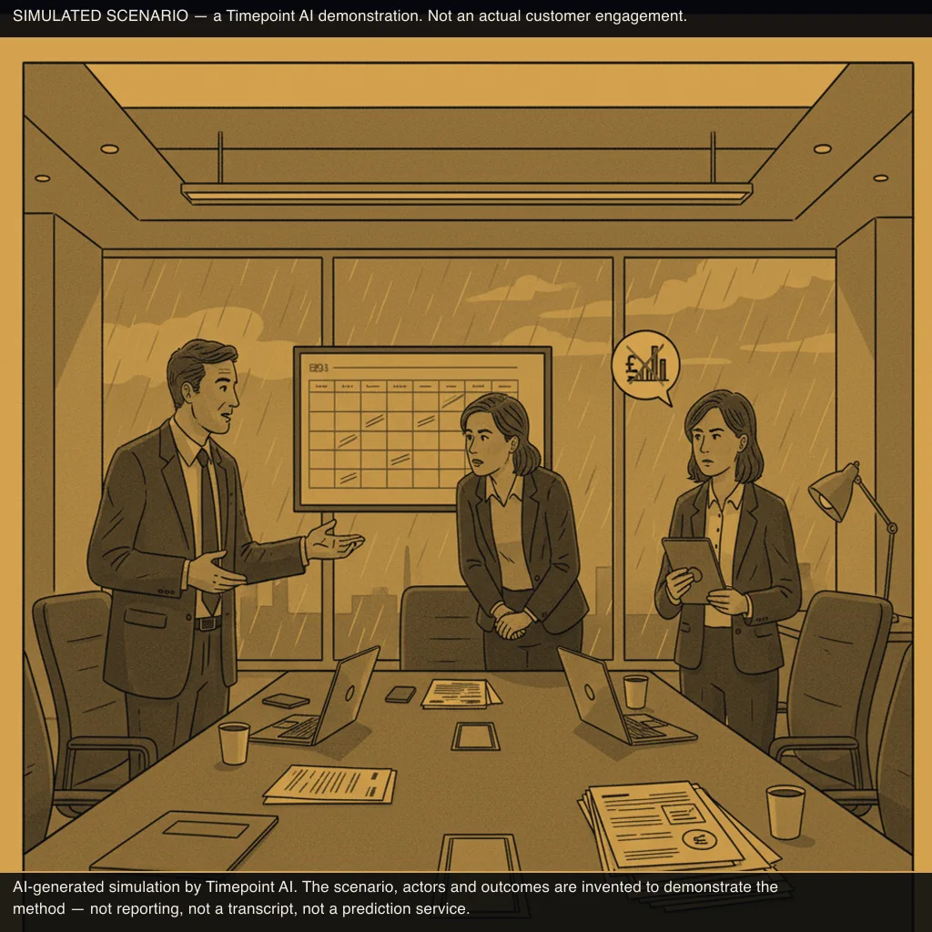 simulated scene: Commissioning Lead opens discussion, Distribution Head frames slot constraints and output deal obligations (frame 2)