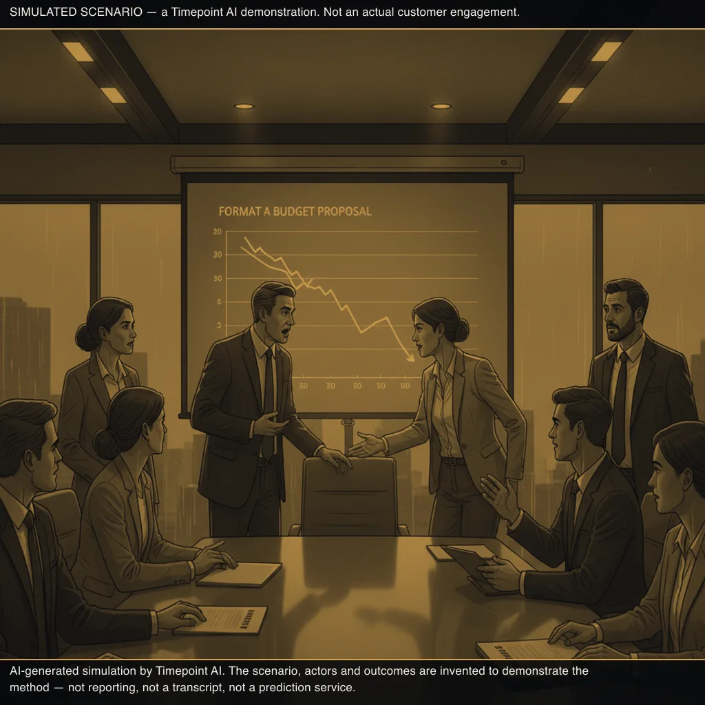 simulated scene: Format A presentation begins, Finance Director raises budget concerns based on recent track record (frame 3)