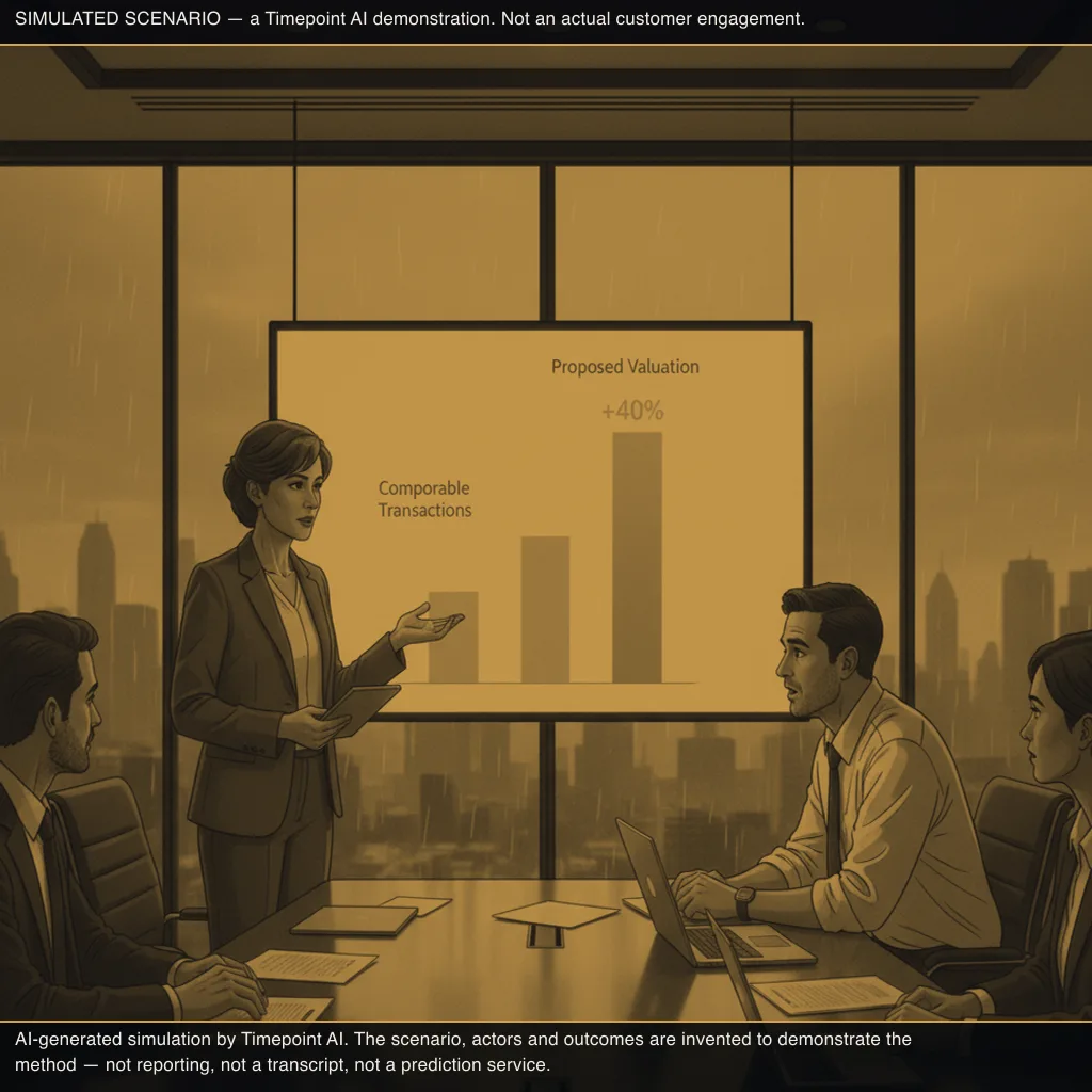 simulated scene: CFO raises first objection: valuation multiple exceeds comparable transactions by 40% (frame 3)